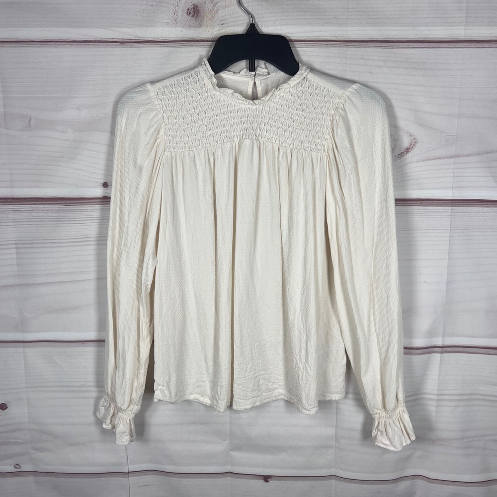A New Day Blouse Womens XS Ivory Smocked Mock Neck Long Sleeve Swiss Dot Top